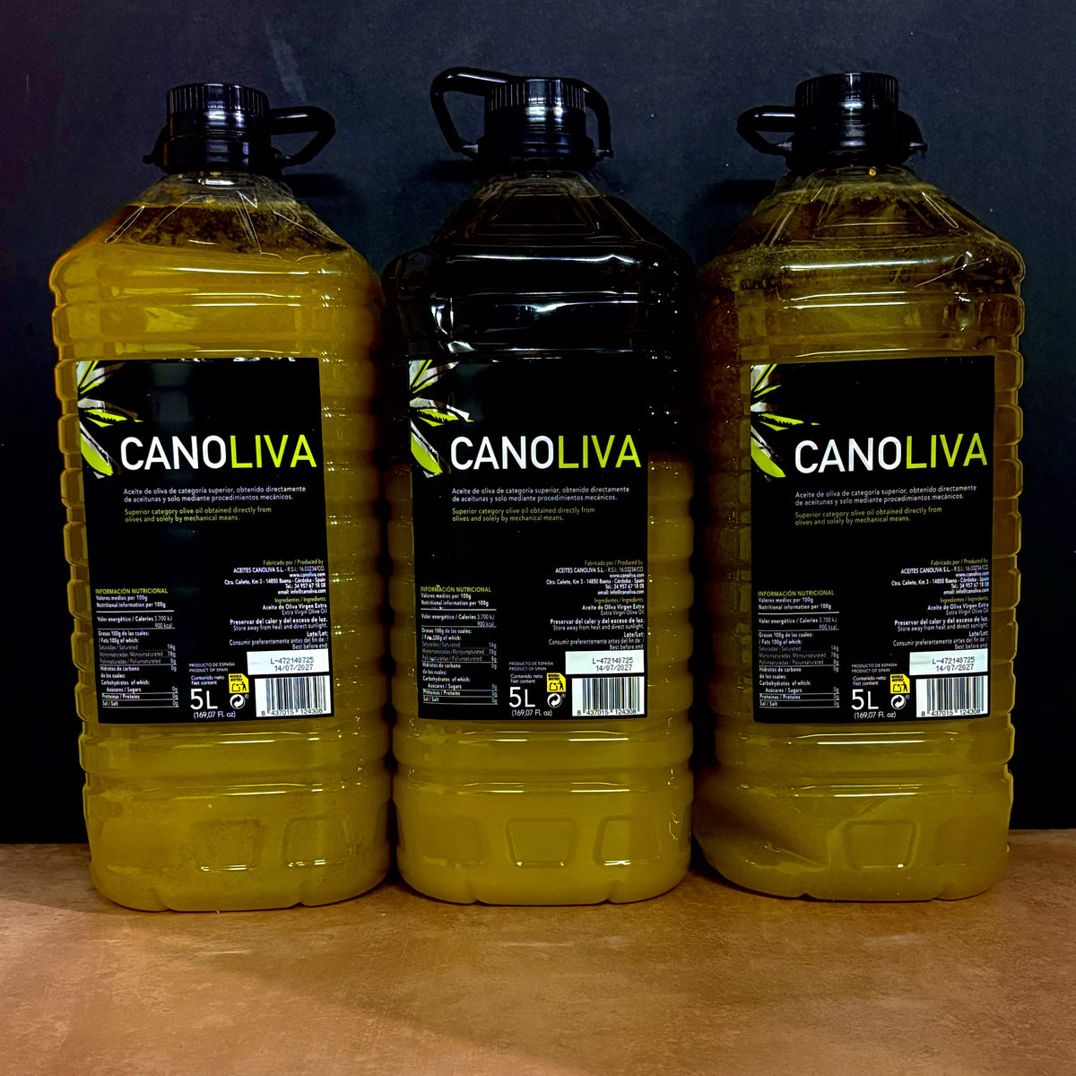 Three 5 litre containers of Canoliva extra virgin olive oil